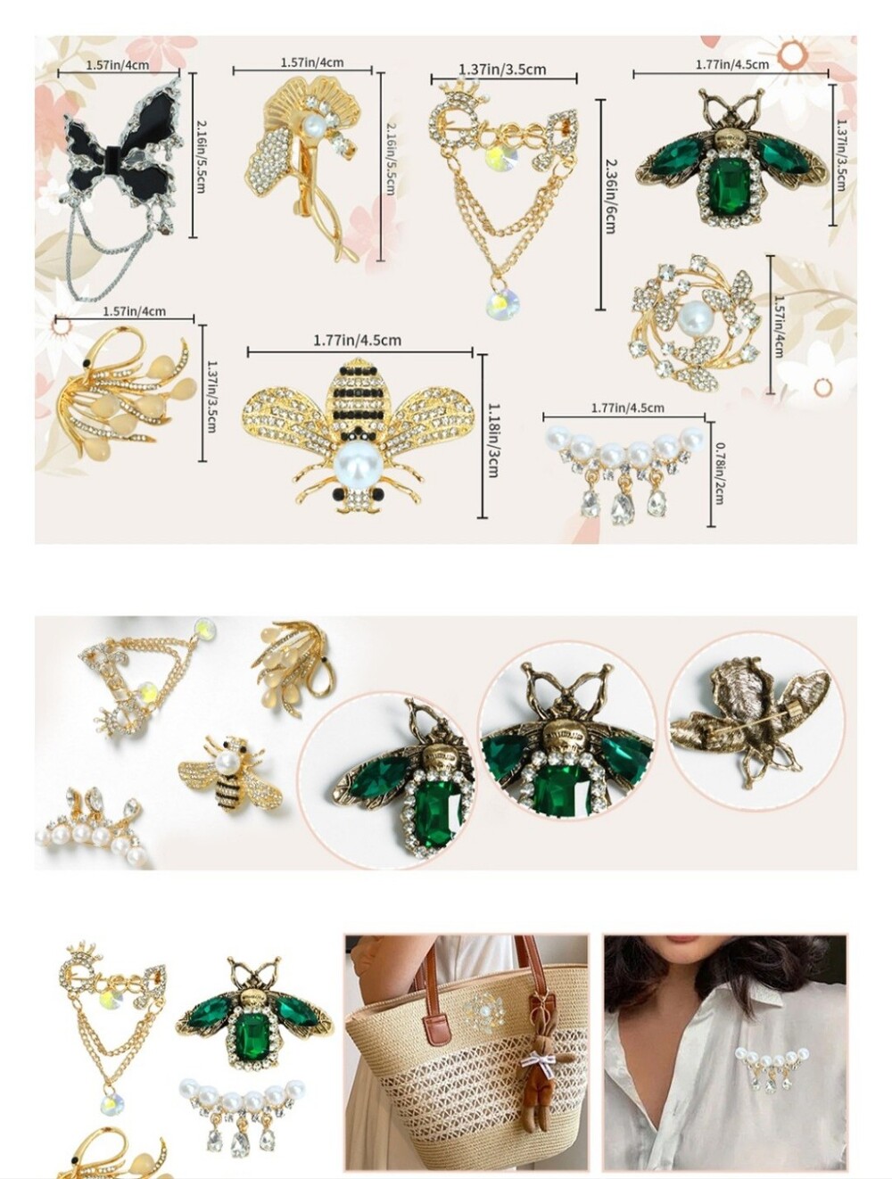 Brooches, Gold Bee and Floral Brooch Set with Green, Black and Pearl Accents - Picture 2 of 12